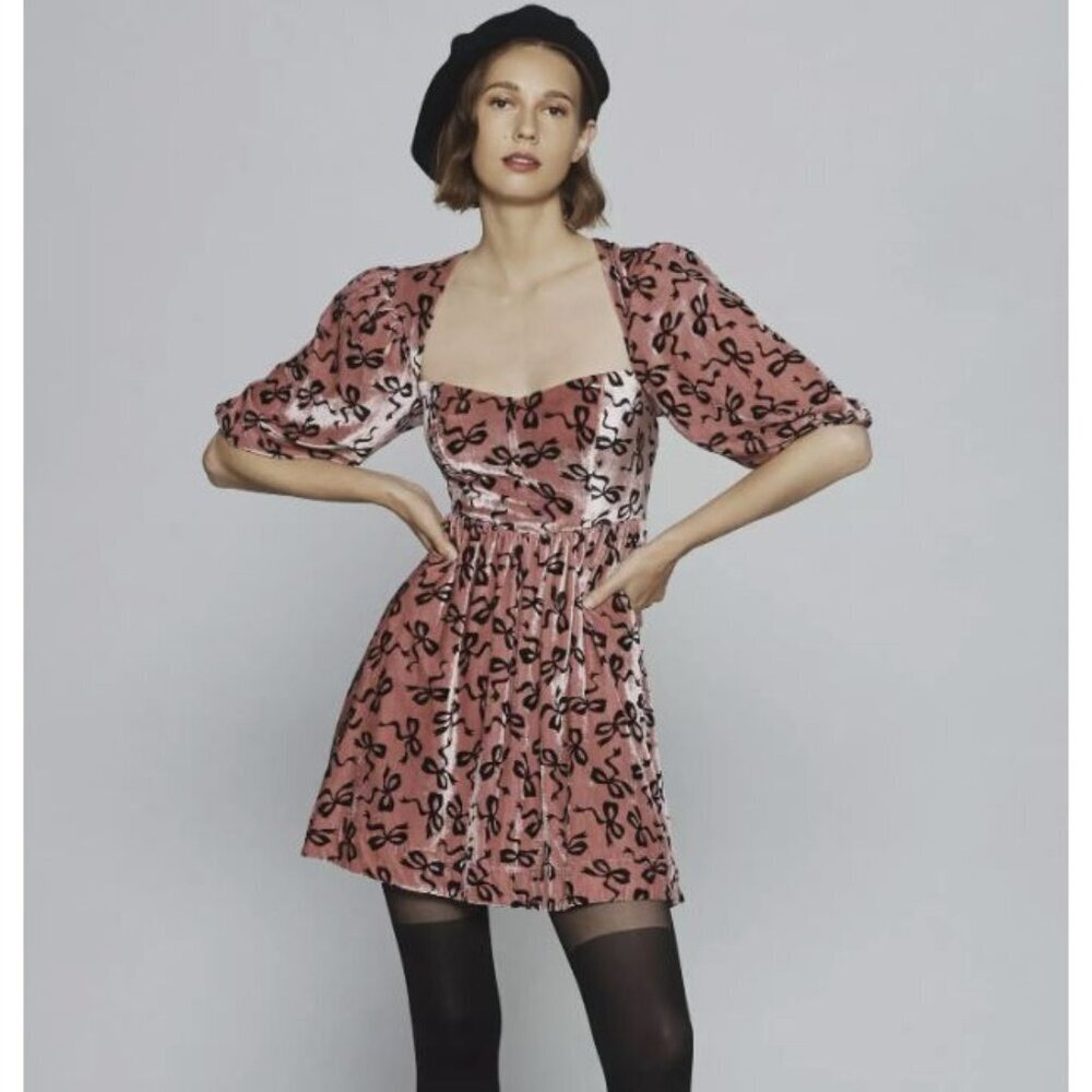 Maeve Sweetheart Velvet Mini Dress Pink Black Bows Puff Sleeves Women's XS